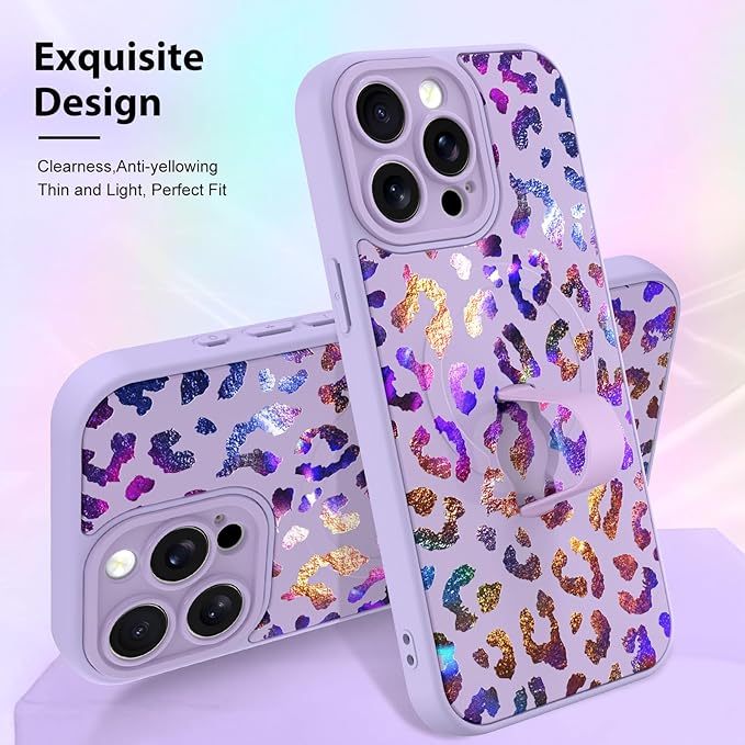 KANGHAR Compatible with iPhone 15 Pro Max Case, Support for MagSafe, Silicone Cute Iridescent Leopard Cheetah Pattern, Wristband Kickstand Shockproof Protective Slim Cover for Women Girls, Purple