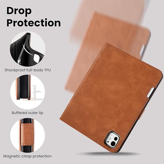 Handmade Case for iPad Pro 13 Inch (M5/M4) 2025/2024 with Pencil Holder Pocket, Magnetic Closure, Auto Sleep/Wake, Vegan Leather Folio Protective Cover, Multi Angles Stand, Brown
