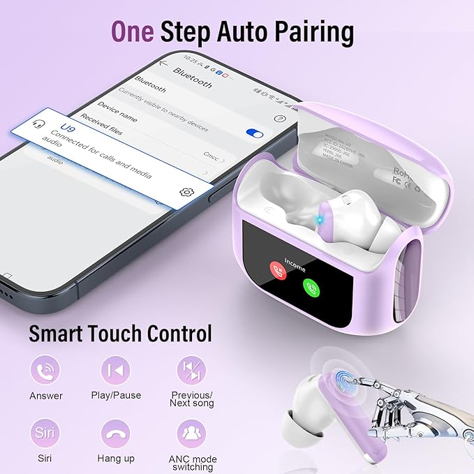 Thunelec Wireless Earbuds, Bluetooth 5.4 Headphones with Multifunctional Touch Screen, 48H Bass Stereo Ear Buds with ANC/ENC Noise Cancelling/Transparency Mode, IPX7 Earphones with 5 EQ Modes, Purple