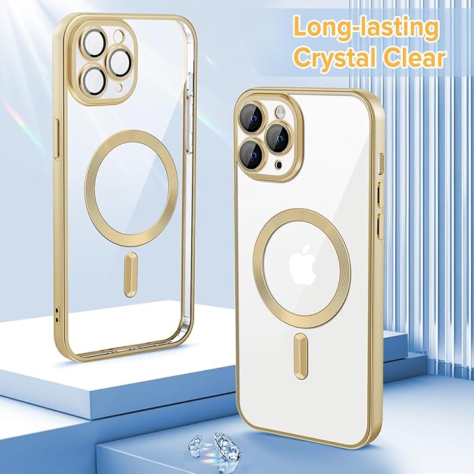 Hython Magnetic Clear for iPhone 11 Pro Max Case with Camera Lens Protector [Compatible with MagSafe] Plating Edge Slim Soft TPU Cover Protective Phone Case for iPhone 11 Pro Max 6.5", Matte Gold