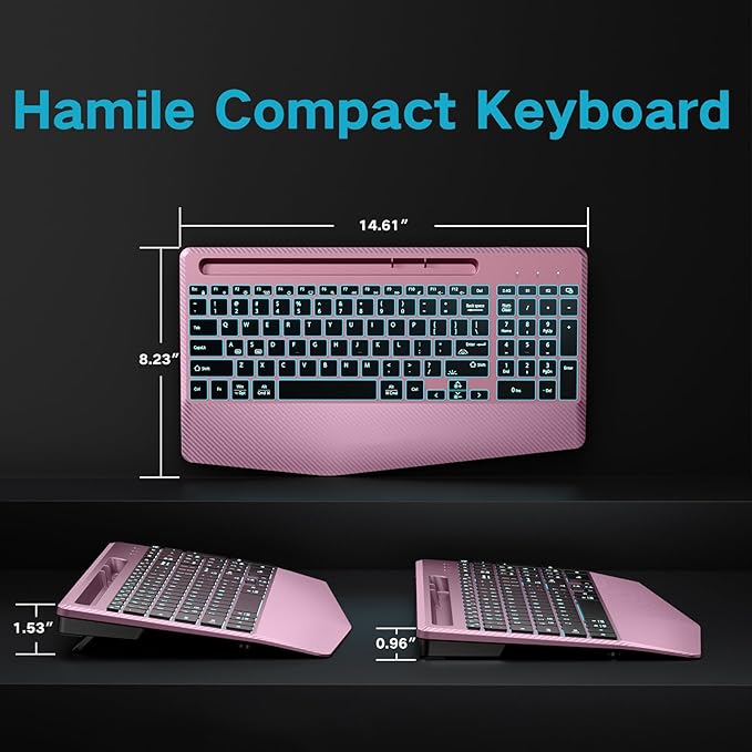 Hamile 2.4G&Bluetooth Wireless Keyboard - Light Up Keyboards with Wrist Rest - 8 Backlit Effects - Slim Rechargeable Silent with Holder for Windows, Mac, Rose Pink
