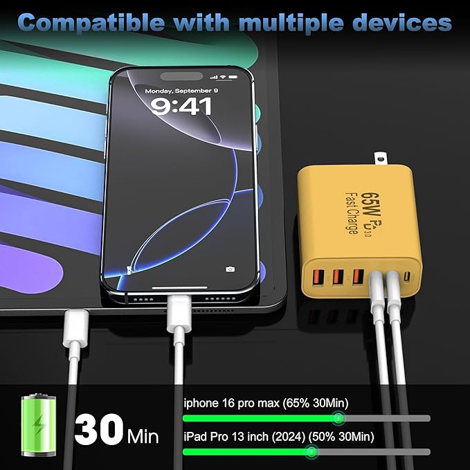 USB C Charger Block,65W 6-Port USBC Charging Block,Wall Charger iPhone Charger Fast Charging,Multiport Type C PD+QC Power Plug for All iPhone 17 16 15 iPad Samsung S23 S24 iWatch Pixel Series (Yellow)