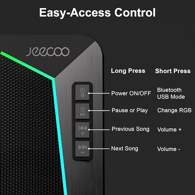 Jeecoo M30 Bluetooth Computer Speakers, RGB PC Gaming Speakers for Desktop with Crisp Stereo Sound, Dynamic LED Modes, Easy-Access Control, 10W - USB-Powered (Not 3.5mm Aux)