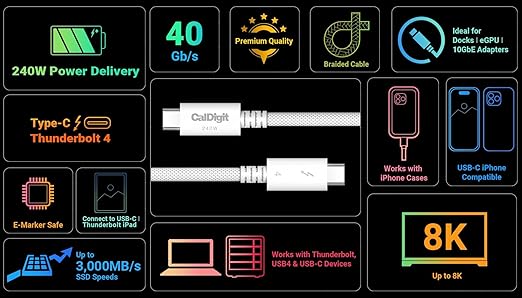CalDigit Thunderbolt 4 Pro Braided Cable - 40Gbps 240W Power Delivery, Compatible with Thunderbolt 3, Thunderbolt 5, USB4 Type C, MacBook Pro, iMac, iPhone 17 (Pro 1m Thunderbolt 4/USB4, White)