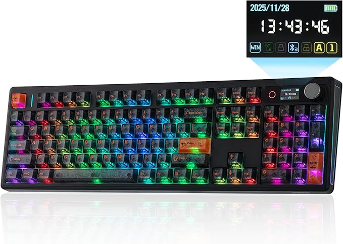 EPOMAKER TH108 V2 PRO Full Size Mechanical Keyboard with Screen&Knob, 10000mAh, BT/2.4Ghz, Mac Modifier PBT Keycap, Hot Swap, RGB, Gasket, Wireless Gaming Keyboard for Mac/PC (Black, Creamy Jade)