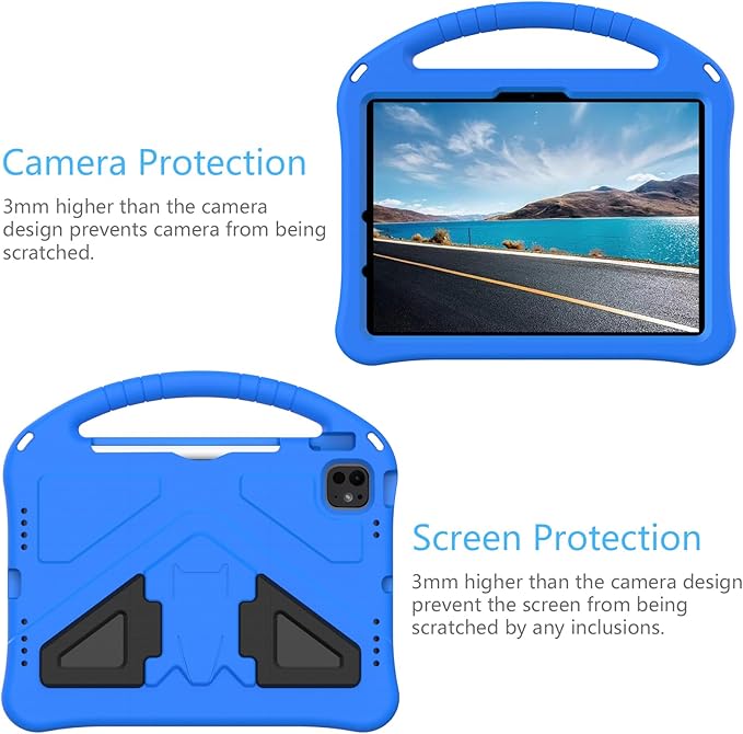 Kids Case for iPad Air 11 inch M4/M3/M2 (2026/2025/2024) with Pencil Holder/Shockproof Handle/Kickstand/Slim Lightweight Soft EVA Foam Folio Stand Tablet Protective Girls Boys Cover, Blue