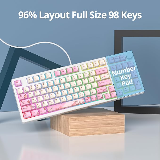 surmen Pink Creamy Keyboard with with Number Pad, 96% RGB Full Gasket Mounted Hot Swappable Custom Wired Thocky Keyboard with Knob for Office Gamer (98 Ying)