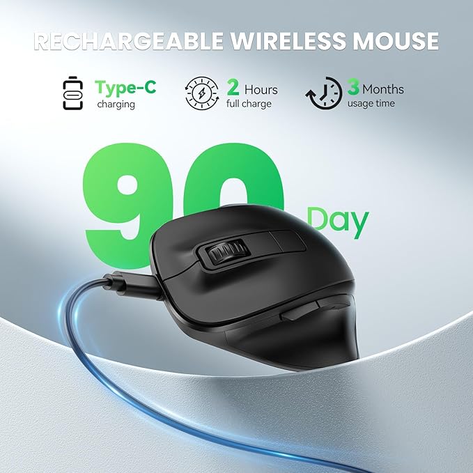 TECKNET Wireless Mouse, Bluetooth Mouse (BT5.0/3.0 & 2.4G) Rechargeable 4800 DPI Silent Mice, Computer Mice with USB A Receiver,Ergonomic Grips Optical Cordless Mice for Laptop/Mac/PC,Black