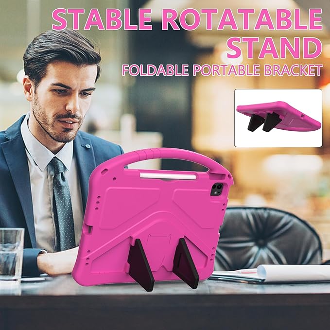 for iPad Pro 12.9 inch Kids Case 6th/5th/4th/3rd Generation (2022/2021/2020/2018) with Kickstand/Pencil Holder/Handle Stand Lightweight Soft EVA Shockproof Heavy Duty Protective Cover, Rose