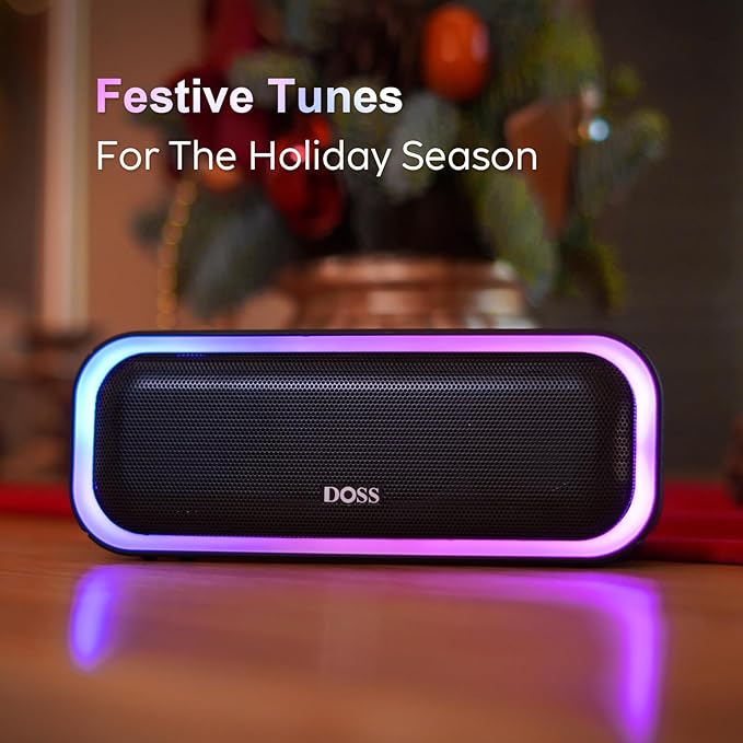 DOSS SoundBox Pro Bluetooth Speaker, 20W Stereo Sound, Active Extra Bass, 20H Playtime, Multi-Color Lights, IPX6 for Home, Outdoor, Party, Christmas and White Elephant Gift for Men, Women, Teen-Grey