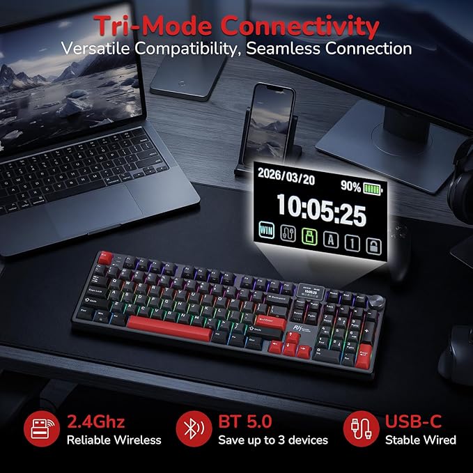 RK ROYAL KLUDGE S104 Wireless Mechanical Keyboard w/Screen & Knob, Tri-Mode 101 Keys Full Size Top Mount RGB Gaming Keyboard BT/2.4G/USB-C, 8000mAh Battery, Web Driver, Hot Swap Custom Linear Switch