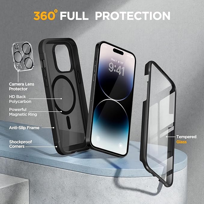 Miracase Magnetic for iPhone 14 Pro Max Case 6.7 inch, (Compatible with MagSafe) Upgrade Full-Body Clear Phone Bumper Case with Built-in 9H Tempered Glass Screen Protector, Magnetic Matte Black