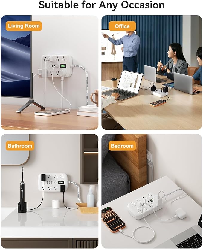 10Ft Extension Cord with Multiple Outlets, Flat Plug Surge Protector Power Strip 10 Ft Long Cord, 8 Outlets & 6 USB (3 USB C), Desk Charging Station for Home Office, College Dorm Room Essentials