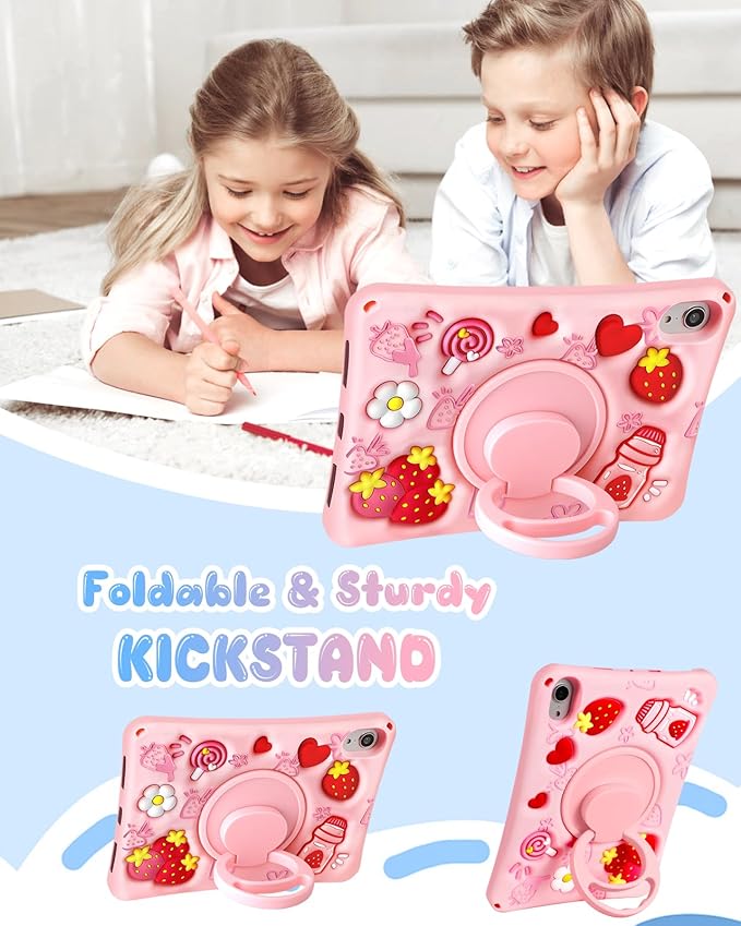 Boaretiu for iPad mini 7 A17 Pro Case for iPad mini 7th/6th Generation - Soft Silicone Cute Cartoon with Shoulder Strap & Rotating Stand Kawaii for Women Girls Girly Kid Teens Cover, Strawberry