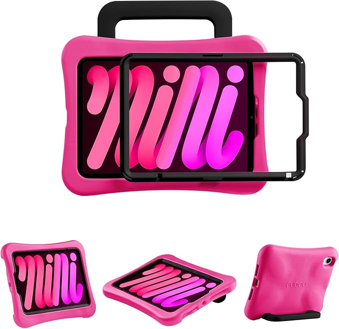 Kids Case for iPad Mini 7 (A17 Pro) 2024 /iPad Mini6 2021, Light Weight Heavy Duty/Shockproof/Drop Proof with Handle/Kickstand, Child Friendly Cover for iPad Mini 7th/6th Gen 8.3inch (Hot Pink)