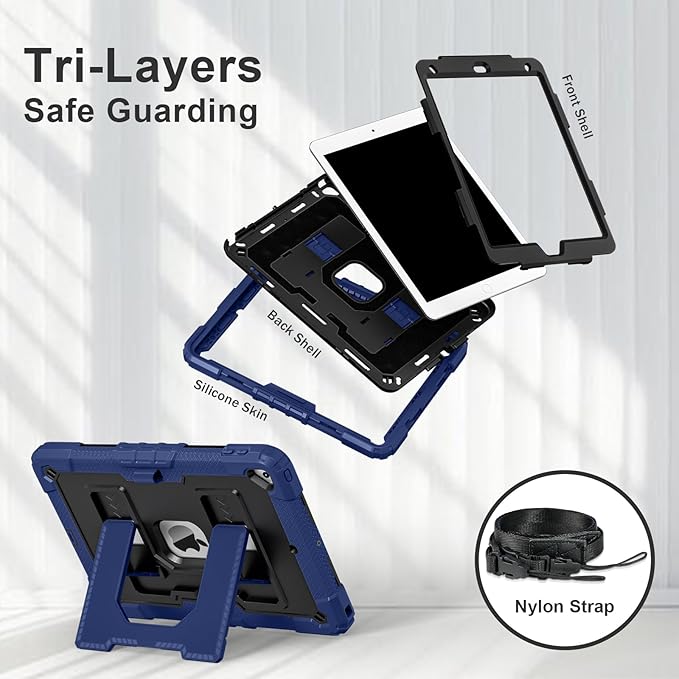 Kids Friendly Case for Apple iPad 10.2" 9th 8th 7th Generation 2021/2020/2019 Case with Pencil Holder & Shoulder Strap, Military Grade Shockproof Kickstand Hard Shell Protective Cover,Blue+Black