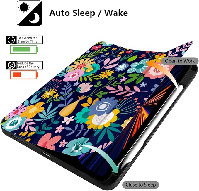 DONGKE Case for iPad Pro 11 inch (4th, 3rd, 2nd & 1st Gen) 2022 2021 2020 2018, Trifold Stand + Pencil Holder + Auto Wake/Sleep + Soft TPU Protective Stand Back Cover, Florals
