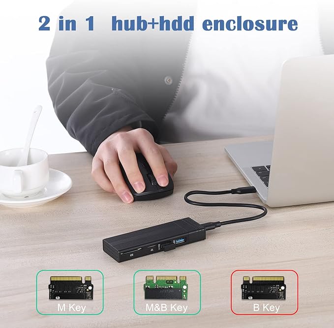 Fanblack 2 in 1 M.2 NVMe SSD Enclosure Adapter Tool-Free, USB 3.2 Gen 2 10Gbps HDD Adapter MKey(B+M Key) SSD Reader, with 2 Port USB Type-A and SD/TF Cardread, Support UASP Trim for 2242/2260/2280