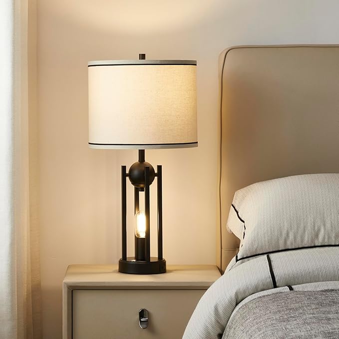 25'' Industrial Table Lamps for Living Room 1pcs with USB C+A Ports, Farmhouse Rustic Bedside Lamp for Bedroom, Touch Lamps for Nightstand, Dual Lights Independent Switch, Bulb Included, Black