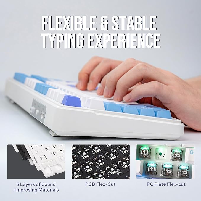 EPOMAKER x Aula F99 Wireless Mechanical Keyboard, Hot Swappable Gasket Custom Gaming Keyboard with Five-Layer Padding, BT/2.4GHz/USB-C, 8000mAh Battery (White Light Blue, Graywood V3 Switch)