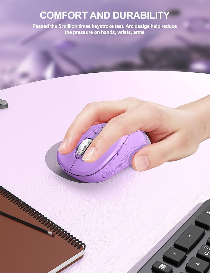 Trueque Wireless Mouse for Laptop, 2.4GHz Ergonomic Computer Mouse with Back & Forward Buttons, 3 Adjustable DPI Levels, 6 Buttons, Optical USB Cordless Mice for Windows PC, M01 (Lavender)