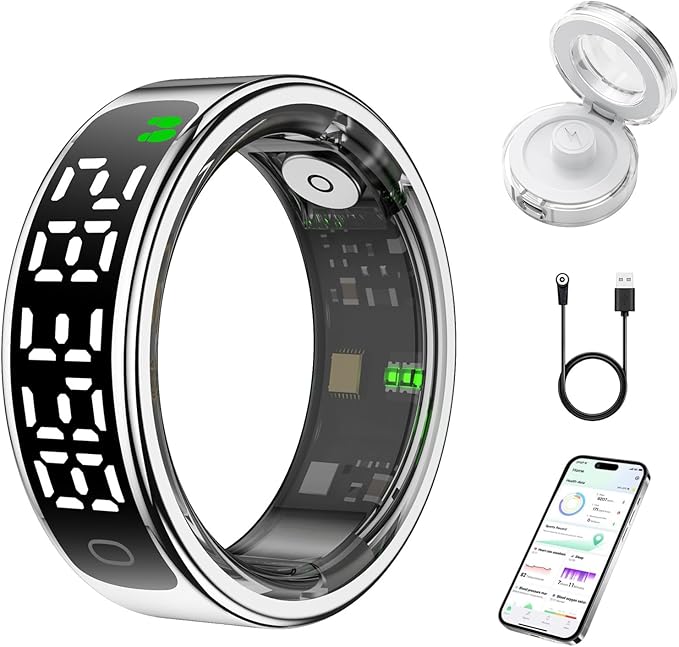 Smart Health Ring for Women Men, Smart Ring Fitness Tracker for iOS Android, Heart Rate, Blood Oxygen, Blood Pressure, Sleep Monitoring,5ATM Waterproof, No Subscription Fee (Silver, 13#)