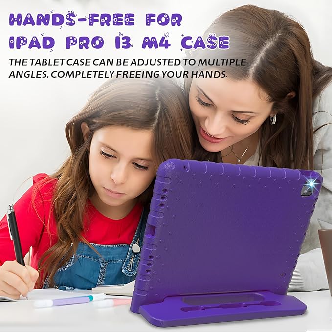 for iPad Pro 13 inch Case M4 with Pencil Holder, Anti-Slip Handle Stand, Super Protection Kids Proof Cute EVA Cover for iPad Pro 13" 2024, Purple