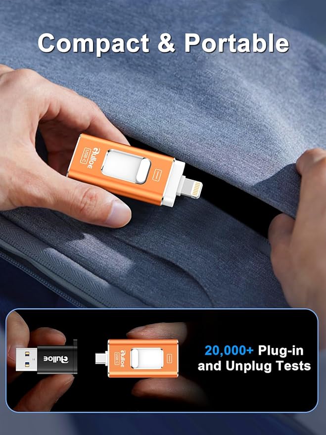 Gulloe 256GB Dual Interface Flash Drive for Phone Storage Photos Videos, Phone USB Backup External Photo Memory Stick - No App Required, Compatible with iPhone, iPad, Android & PC (Orange)