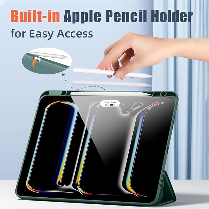 New Compatible with iPad Pro 13 inch Case M5 2025/M4 2024 with Built-in Pencil Holder, Kidopire for iPad Pro 13 Case with Hard Clear Back Shell, Support Pencil Pro, Auto Wake/Sleep, Pine Green