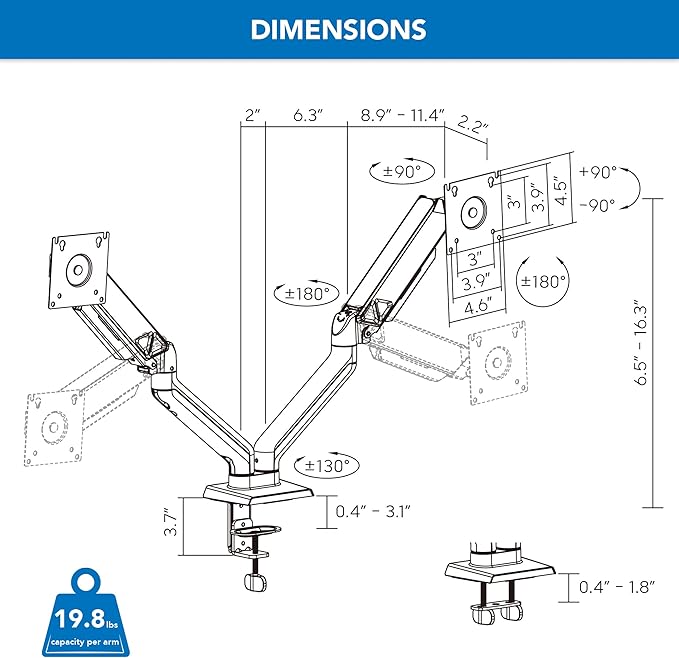 Mount-It! Dual Monitor Mount, Full Motion Spring Arms, Fits 17–32″ Screens up to 19.8 lbs Each, VESA 75x75 & 100x100, Tilt/Swivel/Rotate, Clamp or Grommet Dual Monitor Desk Mount