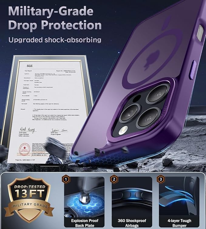 Newfuture Designed for iPhone 16 Pro Case with Magnetic [13 FT Military Drop Protection] [Compatible with Magsafe] Slim Translucent Matte Shockproof with Anti-Fingerprint Phone Case,Deep Purple