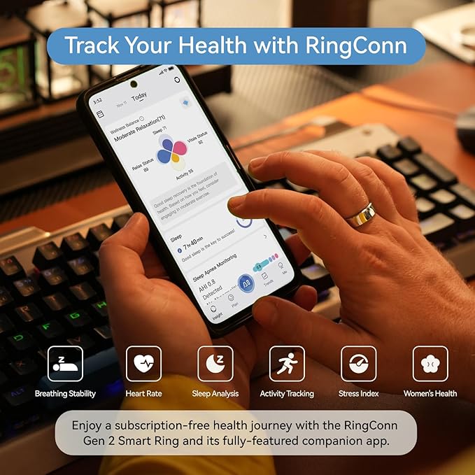 RingConn Gen 2, World’s First Smart Ring with Sleep Apnea Monitoring, No APP Subscription, 12-Day Battery Life, Stress/Heart Rate/Women's Health Tracker, Android & iOS Compatible (Silver, Size 9)