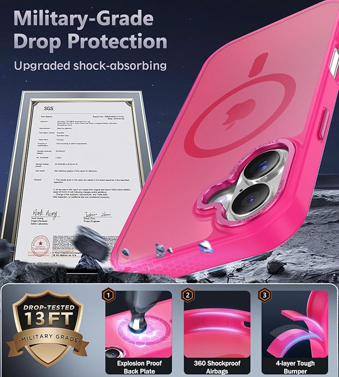 Newfuture Magnetic for iPhone 17 Case [Compatible with Magsafe] [Military Grade Drop Protection] Translucent Matte Anti-Scratch Shockproof Protective Phone Cover 6.3 Inch, Hot Pink