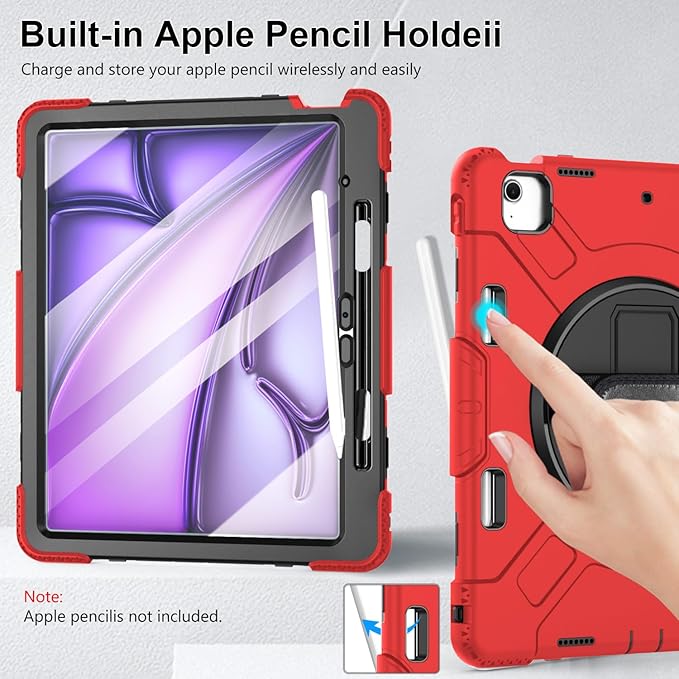 Case for iPad Air 13 Inch M4/M3/M2 (2026/2025/2024): Silicone Shockproof Case with Screen Protector - Stand - Handle - Shoulder Strap - Pen Holder- Red