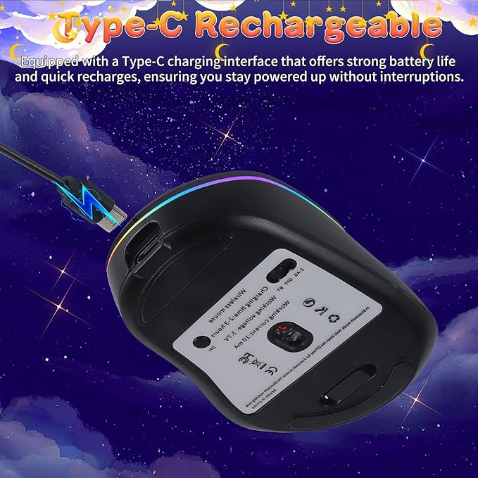 elec Space Bluetooth Wireless Mouse with Starry Sky RGB Backlight& Gradient Breathing Light - Ergonomic Dual Mode Rechargeable Mouse, Type-C Charging - Perfect for Office, Gaming & Travel (Balck)