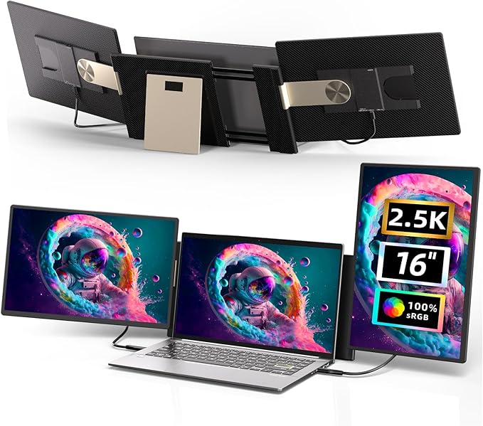 Laptop Screen Extender 2.5K - Updated 16" Triple Portable Monitor 2560x1600P QHD 100% sRGB IPS, Plug & Play, Rotation Detachable Screen Compatible with Mac Wins Dex Chrome Fits 13"-17" Laptops
