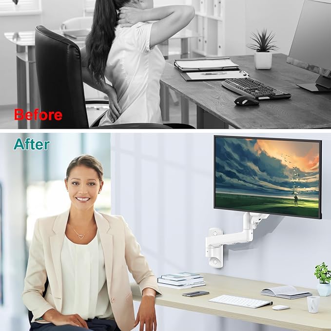 Monitor Wall Mount Fits 17-32 Inch Flat/Curved Computer Screens, Single Wall Arm Holds up to 19.8lbs, Height Adjustable Gas Spring Wall Stand Tilt, VESA Mount 75/100, White