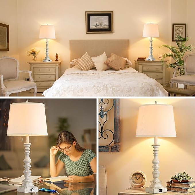 27.5'' Farmhouse Table Lamps Set of 2, Rustic Bedroom Lamps for Nightstand with Dual USB Charging, White Traditional Bedside Desk Lamps with Vintage Beige Fabric Shade for Living Room Kids Study Room