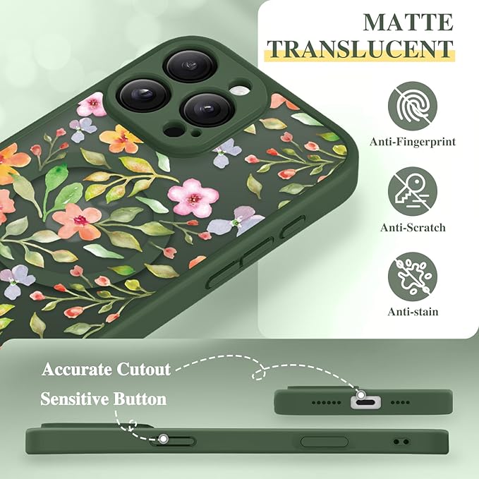GVIEWIN for iPhone 16 Pro Case Compatible with MagSafe, [Military Grade Protection] [Screen Protector] Full Camera Protection Floral Translucent Women Magnetic Phone Case, Watercolor/Forest Green