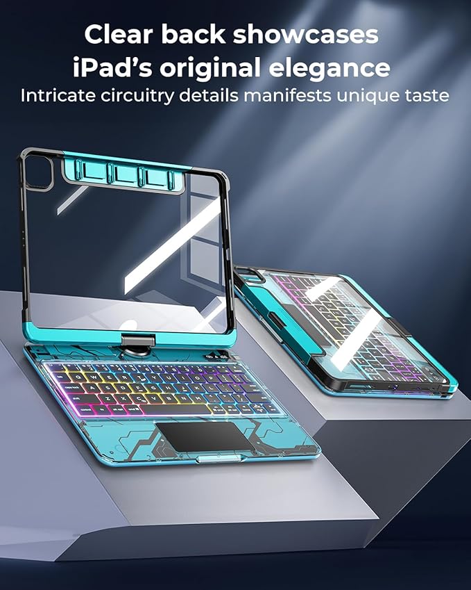 TSQQST Clear Wireless Keyboard Case for iPad Air 13 Inch (M4/M3/M2, 2026/2025/2024)/ iPad Pro 12.9" (6th/5th/4th/3rd Gen), 7-Color Backlit, Pencil Holder & Multi-Touch Trackpad, 360 Rotatable, Blue