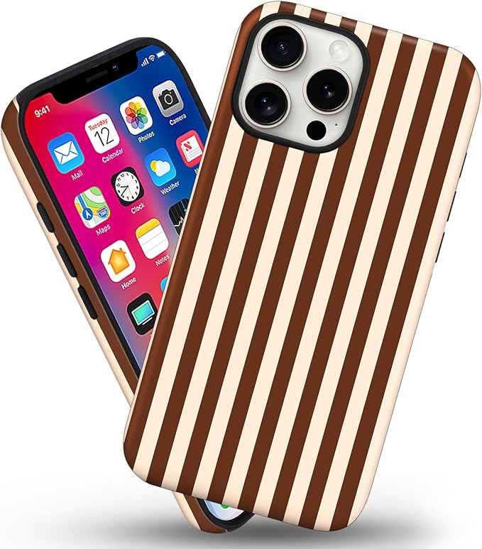 Magnetic for iPhone 15 Case Cute Stripes Phone Case, Shockproof Slim TPU and Hard PC Protective Phone Cover Compatible with MagSafe Designed for Women Girls, Brown