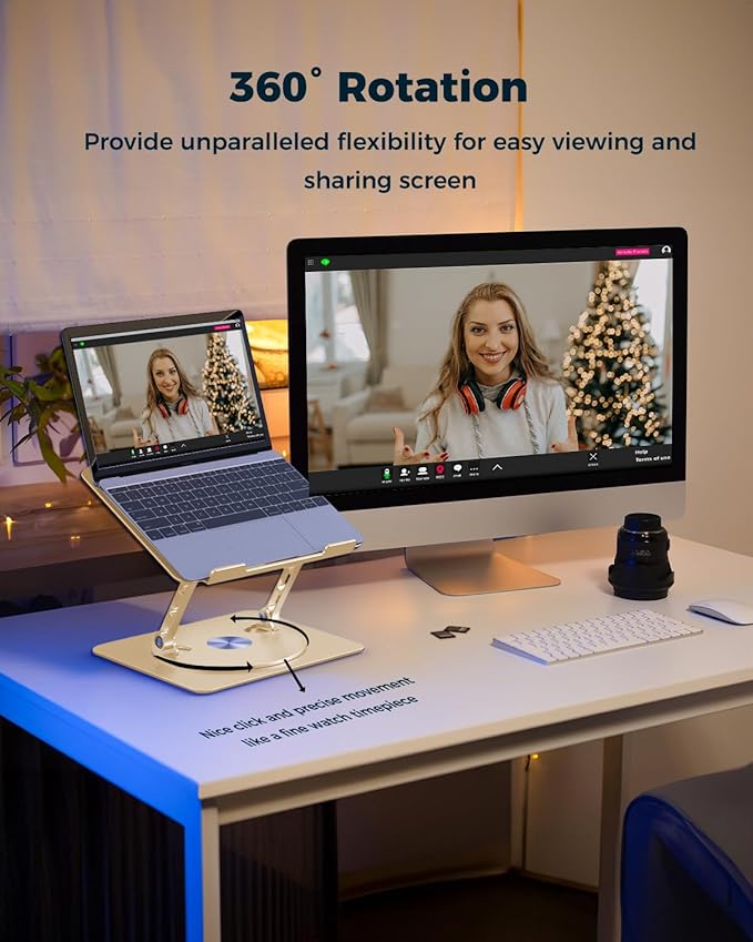 Aoviho 360° Rotating Laptop Stand for Desk | Adjustable, Foldable, Portable Aluminum Ergonomic Riser | Compatible with MacBook, Dell, HP & All Laptops 10-16 inch | Gold