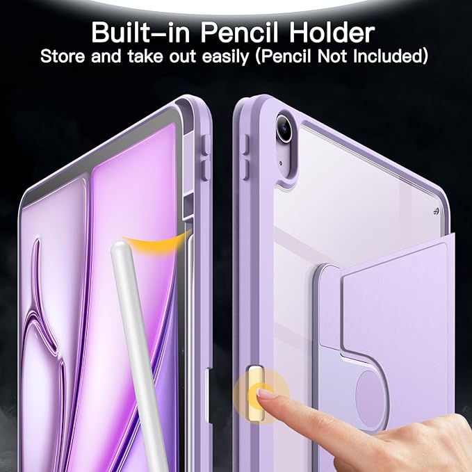 JETech Rotating Case for iPad Air 13-Inch M4/M3/M2 (2026/2025/2024) with Pencil Holder, 360 Degree Rotation Protective Stand Cover Clear Back, Auto Wake/Sleep (Purple)