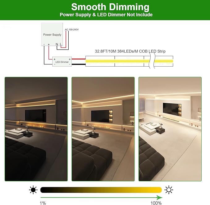 JOYLIT 24V 32.8FT/10M COB LED Strip Lights 120° 2700K Warm White Indoor 384LEDs/M High Density 7650LM Super Bright CRI 90+ Dotless Adhesive LED Tape Light for Bedroom, Kitchen, Commercial
