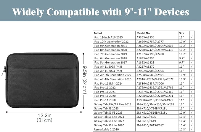 TiMOVO 9-11 Inch Tablet Sleeve Bag for iPad 11-inch A16 2025, iPad 10th Gen. 10.9", iPad 10.2", iPad Air 11/5th/4th Gen. 10.9", Galaxy Tab A9 Plus 11", Carrying Case with Pocket, Black