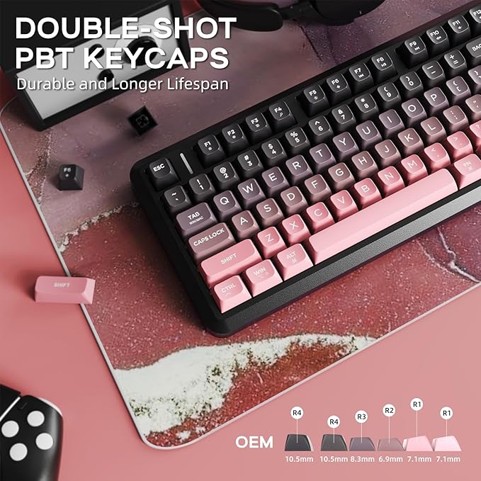 FREEWOLF M75 Wireless Gaming Keyboard Mechanical Feel Membrane with Knob & OLED Display Bluetooth/2.4Ghz Rainbow Backlit Gradient PBT Keycaps 2000mAH Battery Anti-Ghosting-Pink