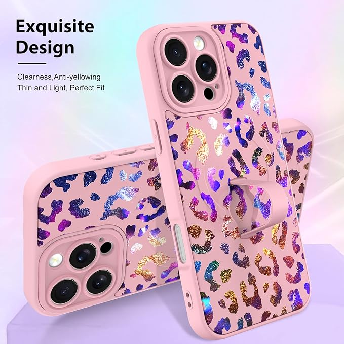 KANGHAR Compatible with iPhone 16 Pro Max Case, Support for MagSafe, Silicone Cute Iridescent Leopard Cheetah Pattern, Wristband Kickstand Shockproof Protective Slim Cover for Women Girls, Pink