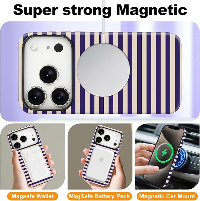 Magnetic for iPhone 17 Pro Case Cute Stripes Phone Case, Shockproof Slim TPU and Hard PC Protective Phone Cover Compatible with MagSafe Designed for Women Girls, Blue&Apricot