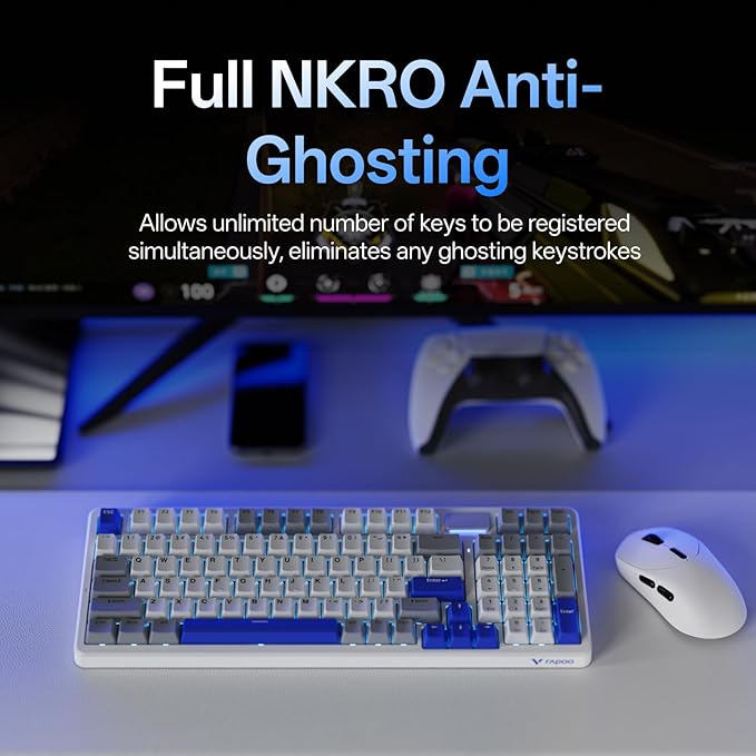 Rapoo V700DIY-98 Wireless Mechanical Keyboard, BT5.0 + 2.4GHz, Hot Swappable Custom Gaming Keyboard, Speed Silver Linear Switch, 16.8M Per-Key RGB, Gasket Mount, Creamy Sound, Full Anti-Ghosting, Blue