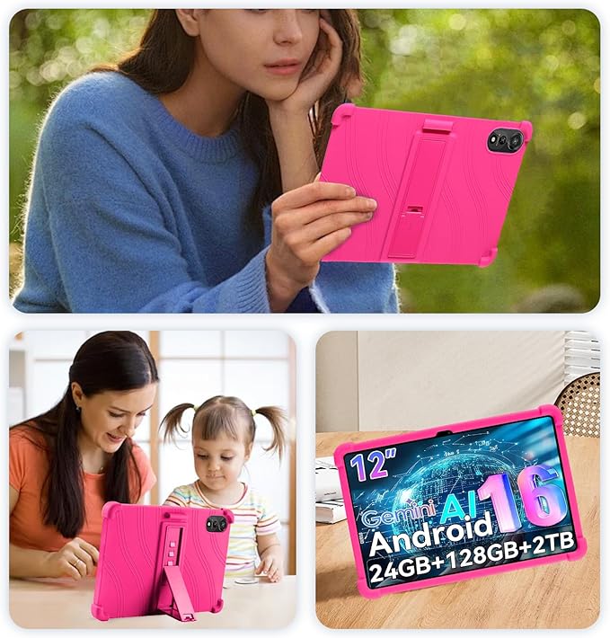 for Nexall N90 Tablet Case 12Inch, Shockproof Four Corner Airbag Protection,Soft Silicone Edge Cover with Built-in Stand,Heavy Duty Protective Sleeve for Nexall N90,Rose Red